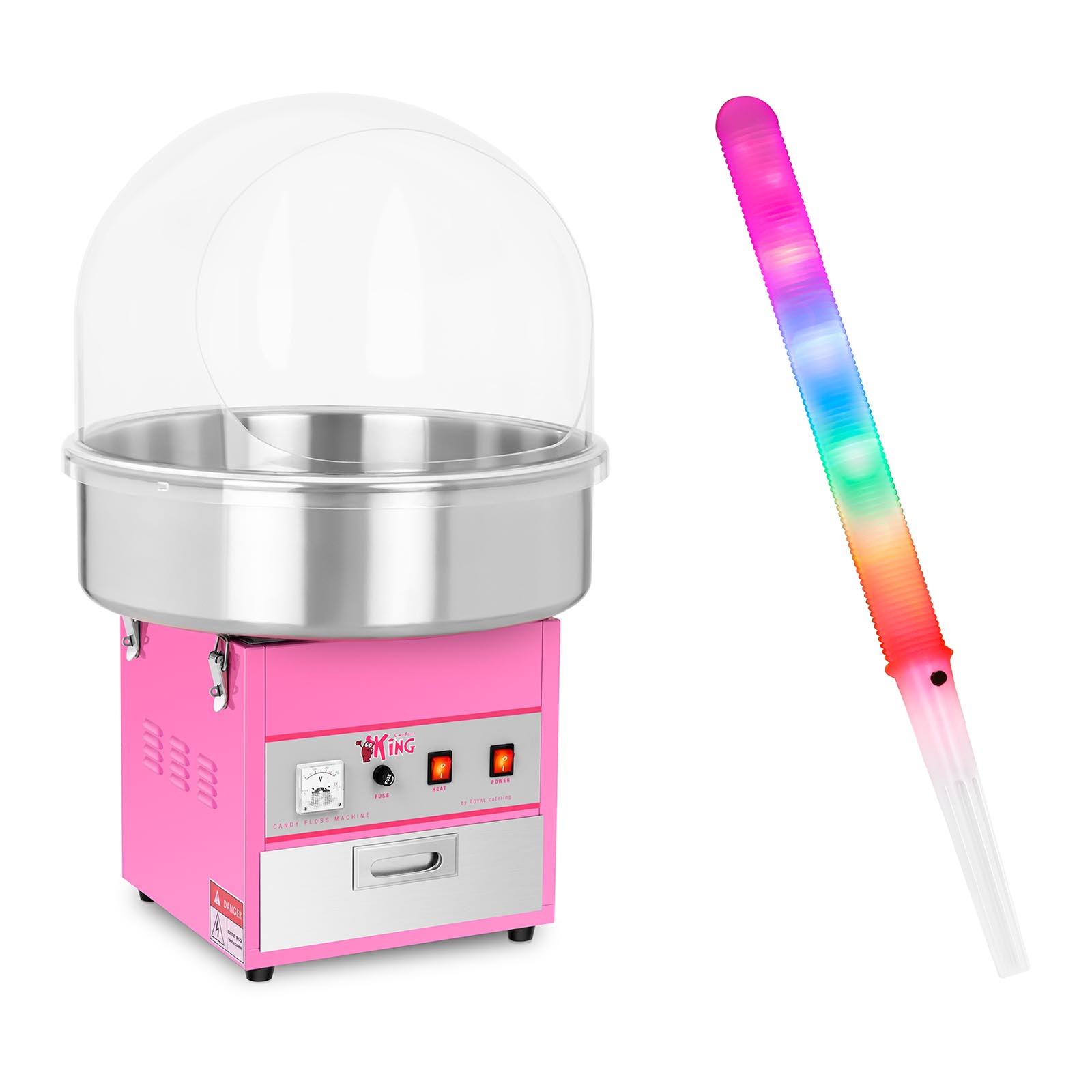 Suikerspinmachine met suikerspin LED sticks - 52 cm - 1.200 W - 50 stuks - spatbescherming