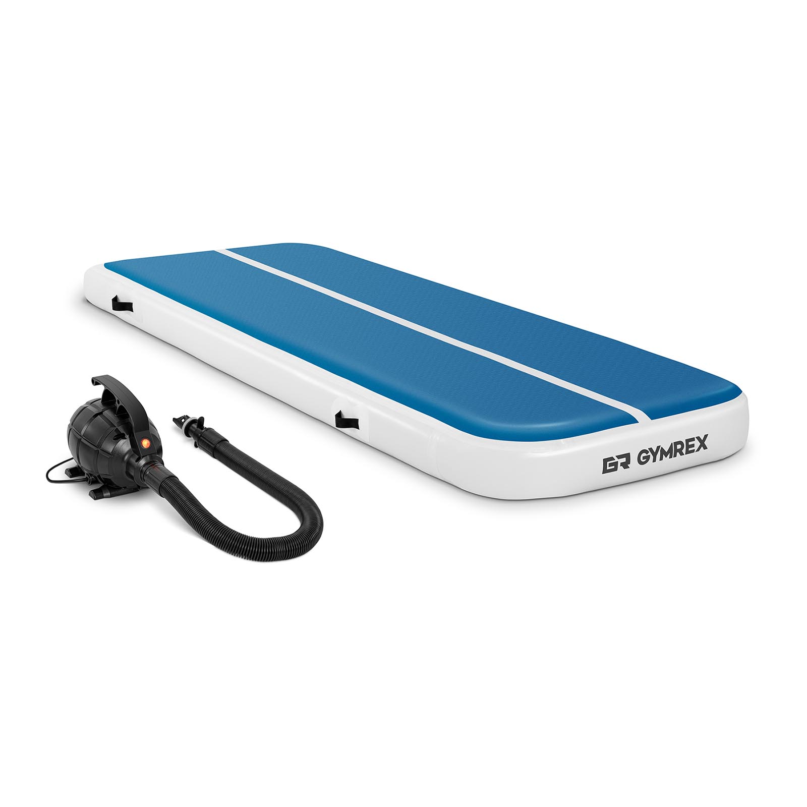 Set opblaasbare gymmat met elektrische luchtpomp - 300 x 100 x 20 cm - 150 kg - blauw / wit